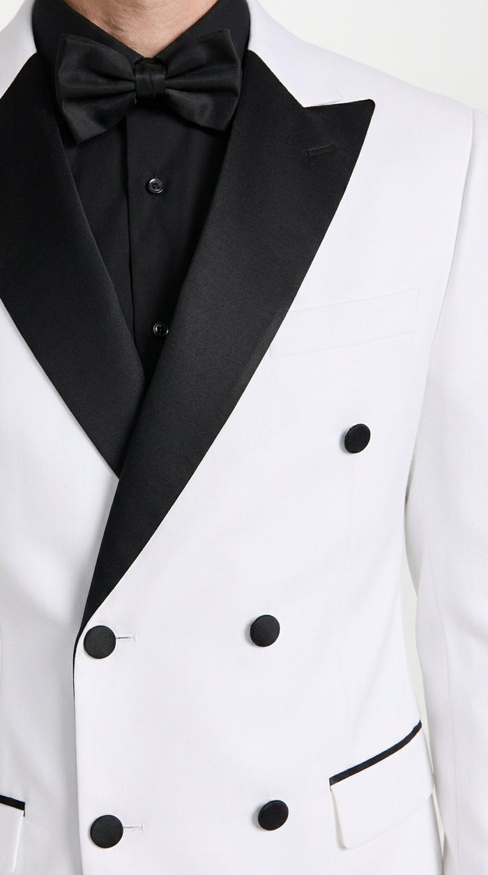 Men's White Double Breasted Tuxedo Dinner Jacket with Black Satin Peak Lapel – Formal Wedding Prom Blazer