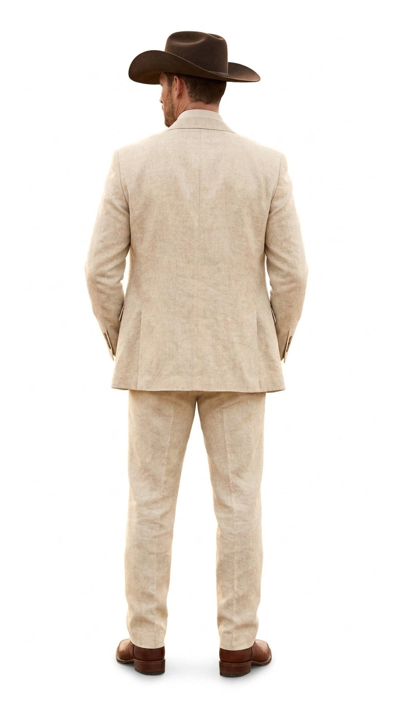Men’s Natural Sand Linen Western Suit – Cowboy Wedding Jacket & Pants Linen Suit