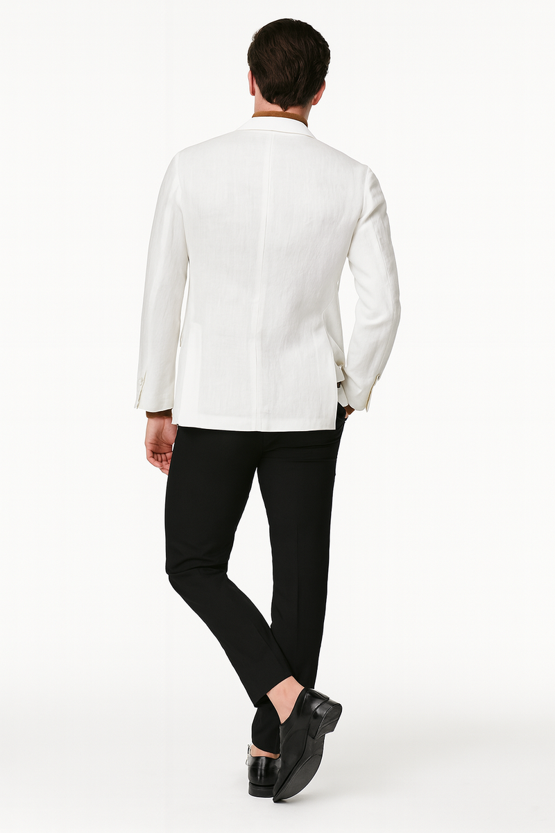 Men's white linen blazer with a classic two-button design and lightweight construction. Features a tailored fit, long sleeves, and a clean, straight back with subtle fabric texture.
