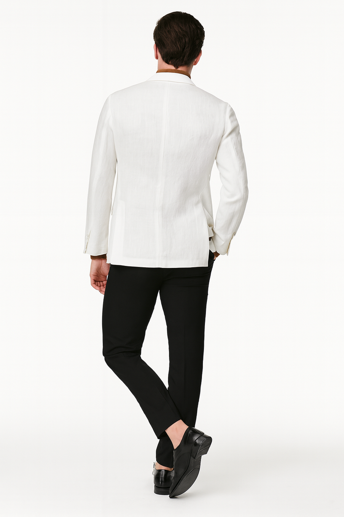 Men's white linen blazer with a classic two-button design and lightweight construction. Features a tailored fit, long sleeves, and a clean, straight back with subtle fabric texture.
