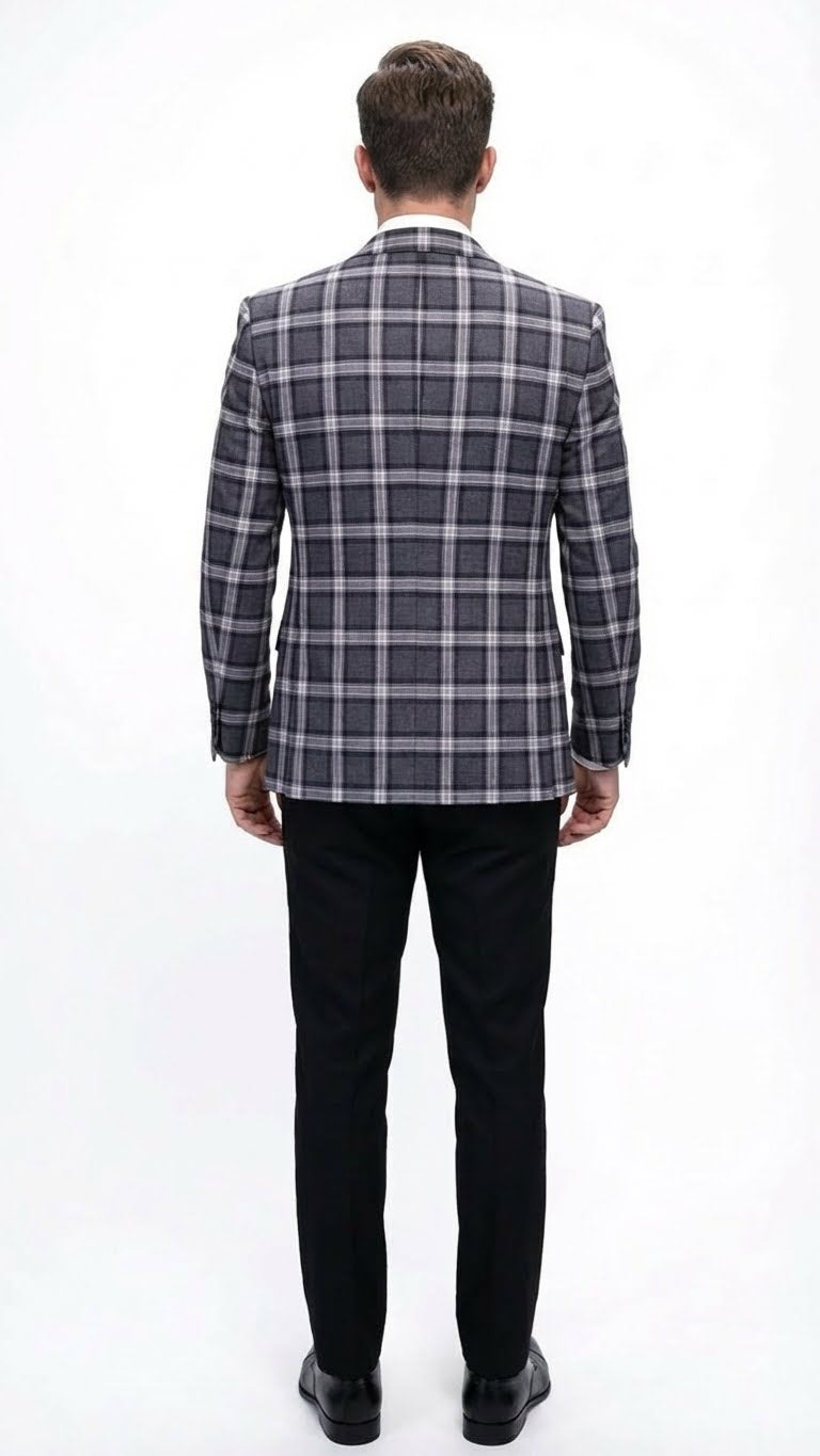 Men's big & tall charcoal/black plaid blazer. Structured silhouette, single vent, notched lapel, button cuffs. Woven fabric, formal/semi-formal wear. Alternating gray/black checks.
