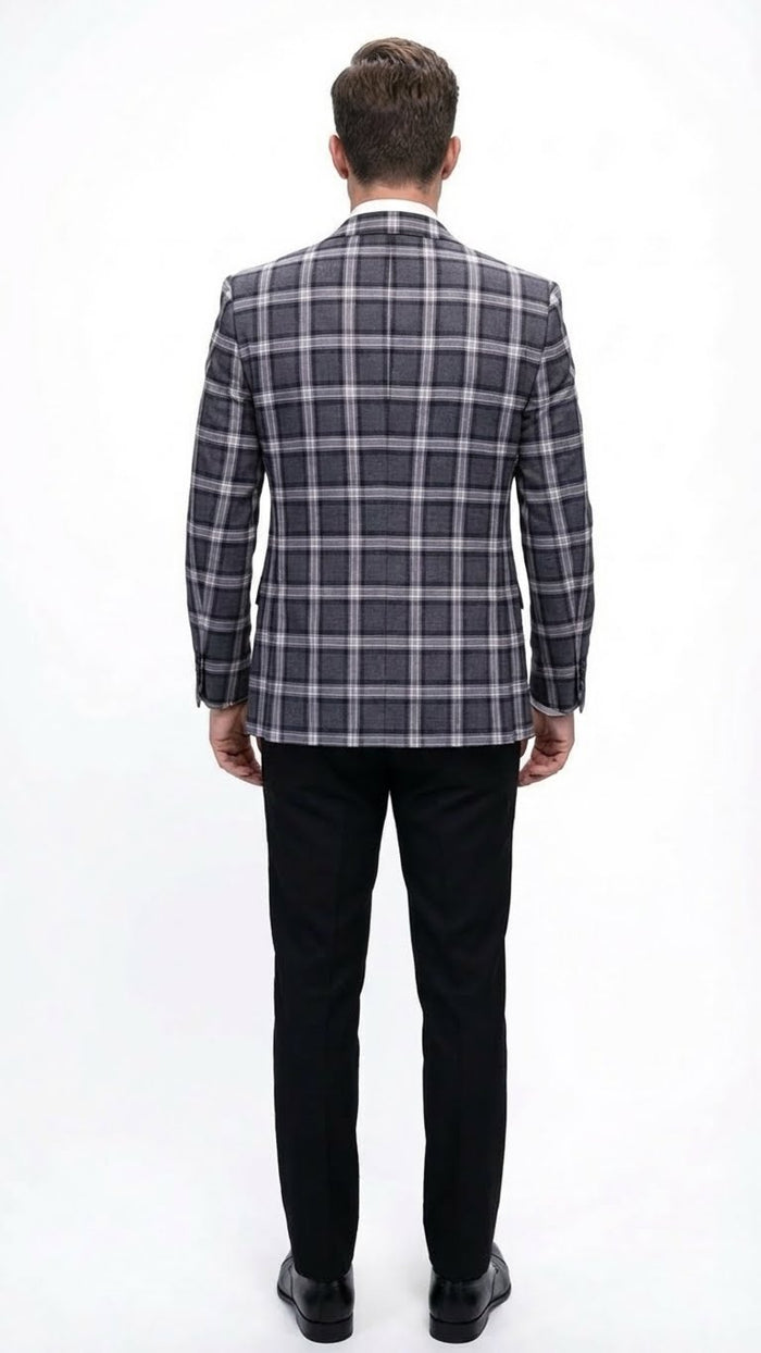 Men's big & tall charcoal/black plaid blazer. Structured silhouette, single vent, notched lapel, button cuffs. Woven fabric, formal/semi-formal wear. Alternating gray/black checks.
