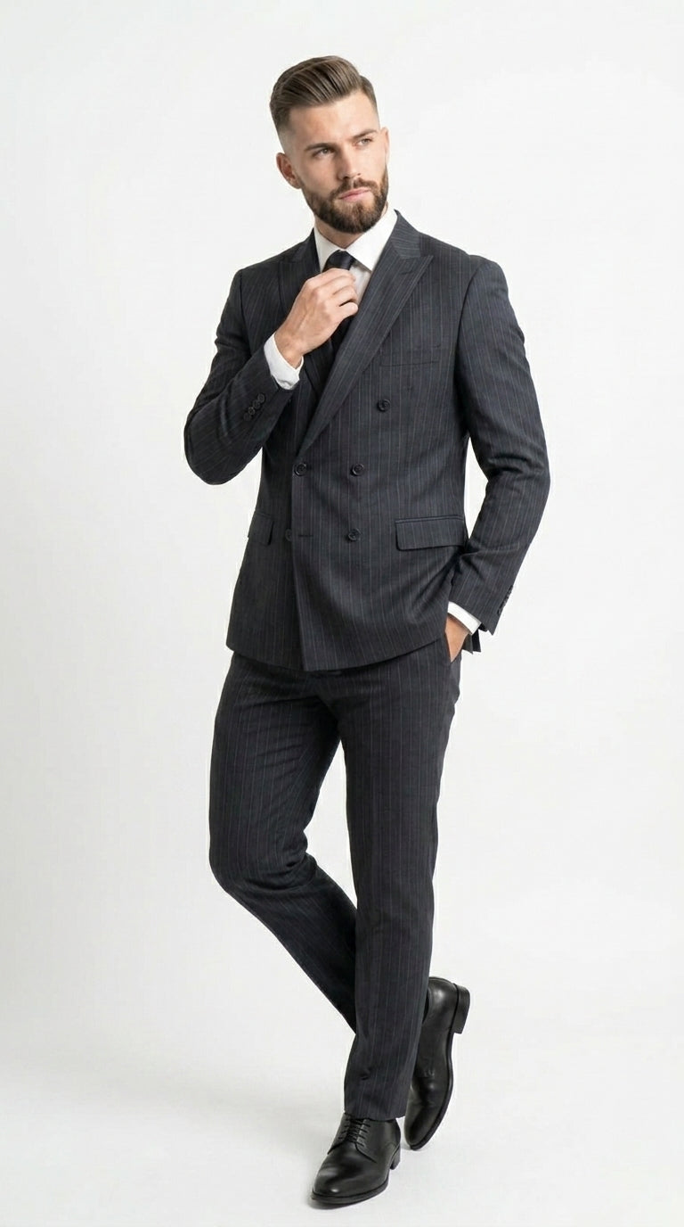 Men’s Black Pinstripe Double Breasted Suit – Classic Formal Business Suit Office and Evening Wear Modern Fit Conservative pattern