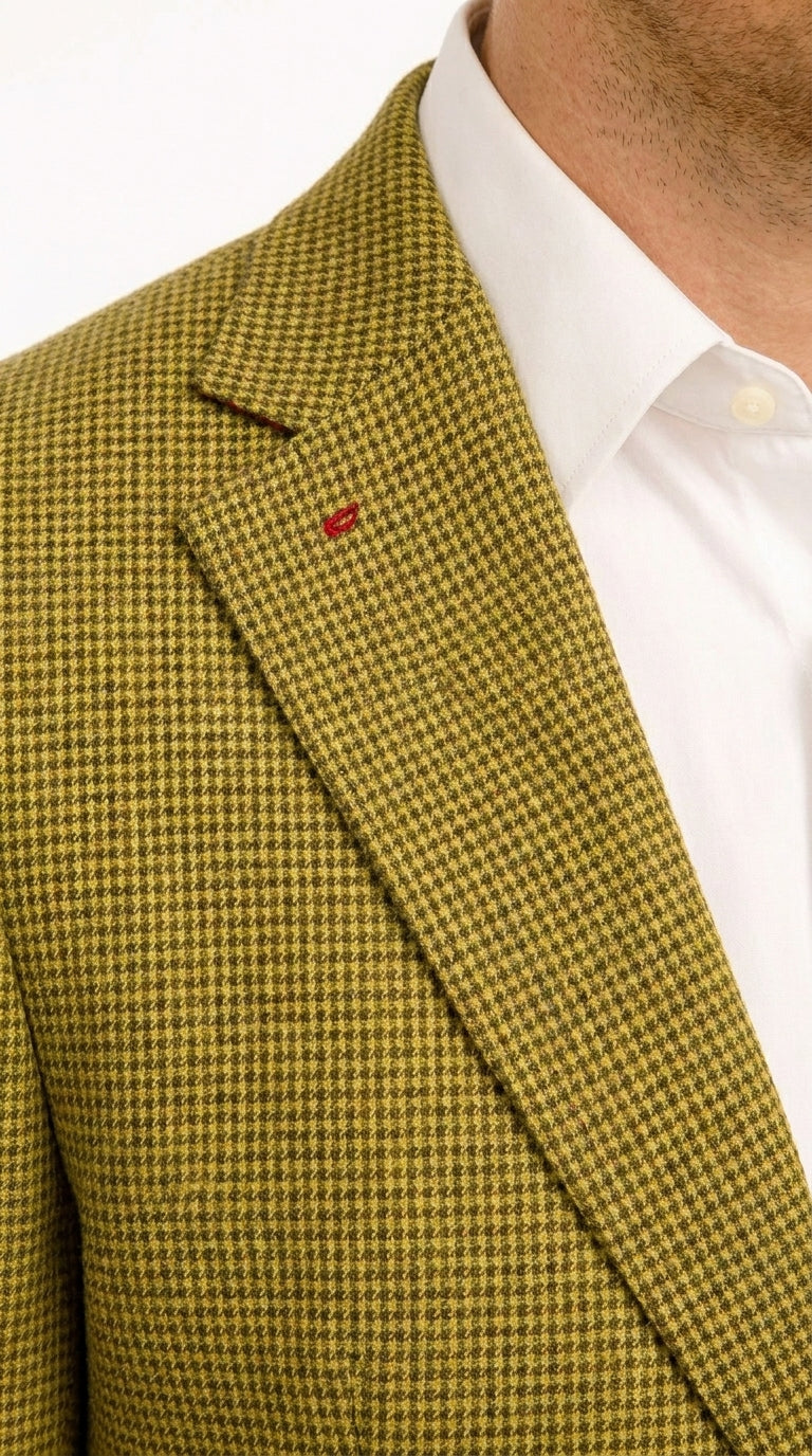 Men’s Mustard Gold Yellow Houndstooth Blazer Jacket, Check Pattern Formal Sport Coat for Weddings, Prom, Business 2 Buttons Modern Fit