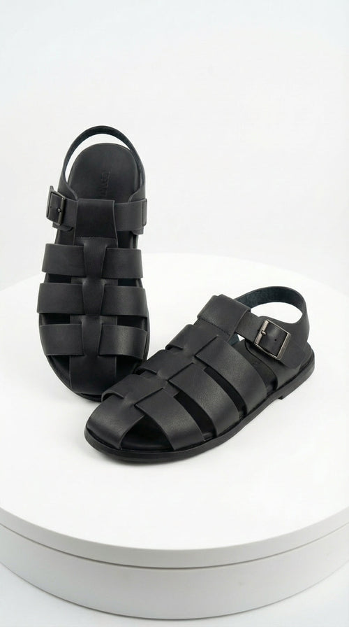 Mens Black Leather Sandals – Buckle Strap Casual Summer Shoes Breathable Open Toe Comfort Footwear