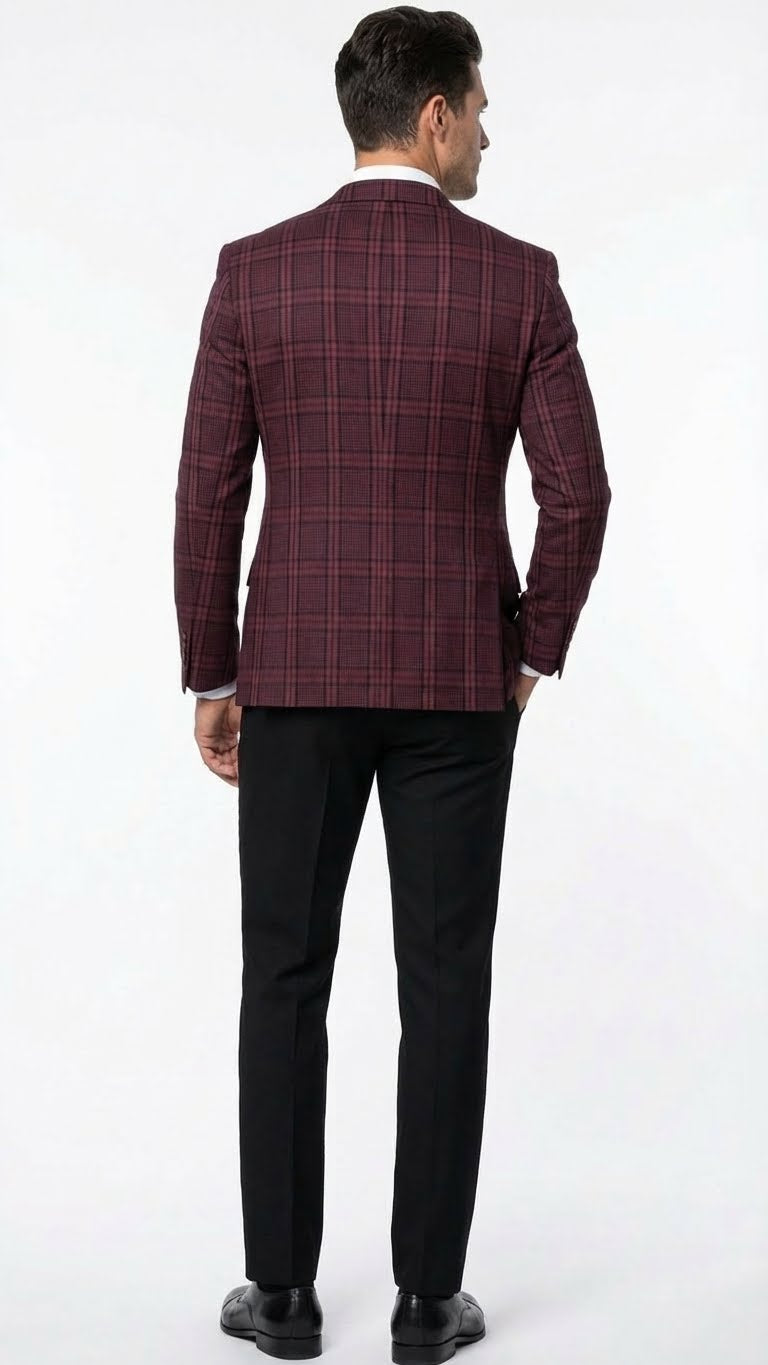 Alberto Nardoni men's burgundy check blazer. Fitted with structured shoulders and tapered waist. Features a prominent burgundy check pattern, likely wool blend. Notched lapel, side pockets, and single back vent.
