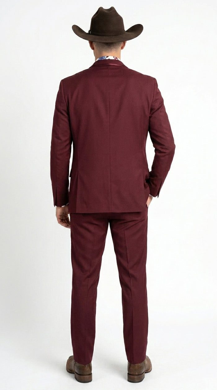 Men’s Burgundy Western Tuxedo Suit, 3 Piece Cowboy Formal Wedding Prom Suit with Satin Trim
