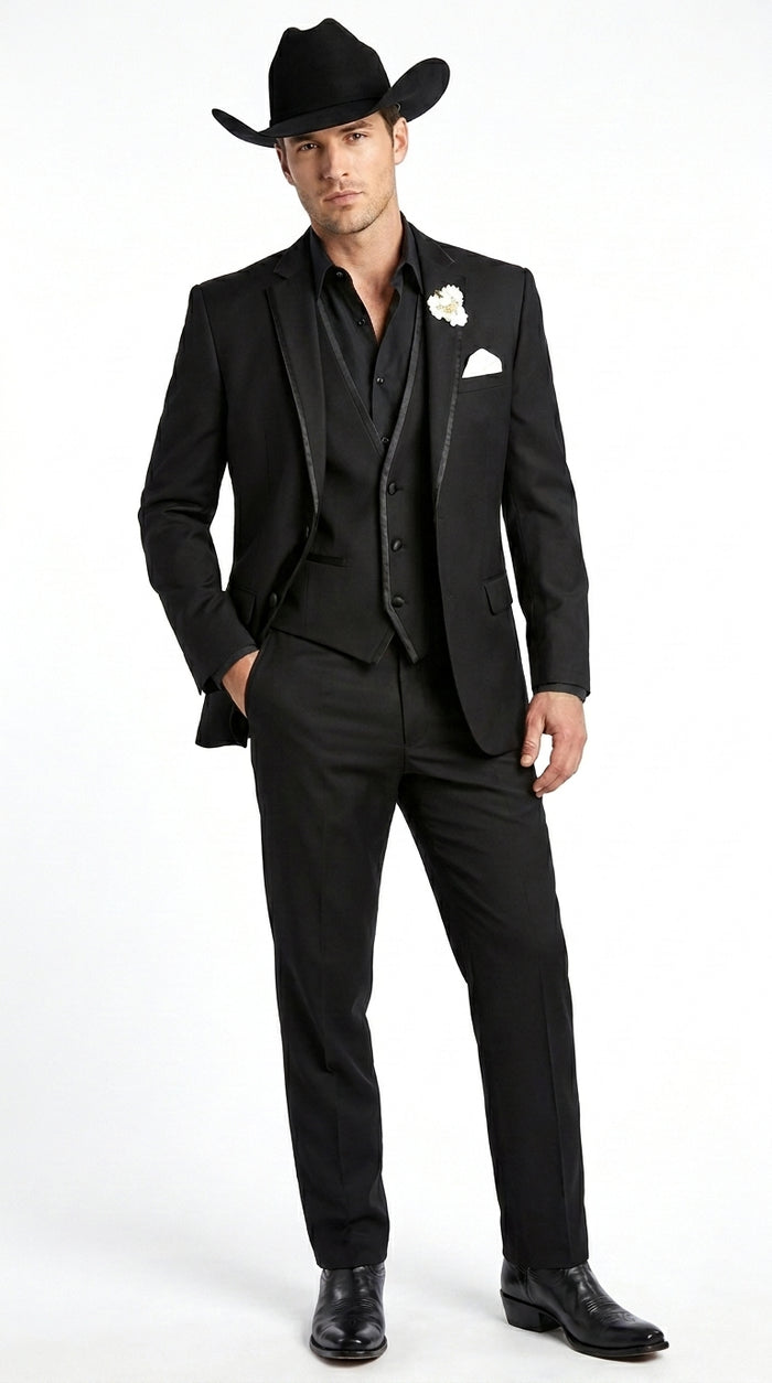 Men’s Black Western Tuxedo Suit, 3 Piece Cowboy Formal Wedding Prom Suit with Satin Trim