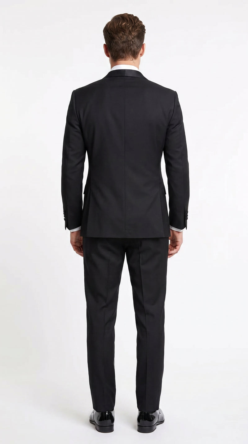 Men’s Black Double Breasted Evening Wear Suit with Satin Shawl Lapel and Red Pocket Square
