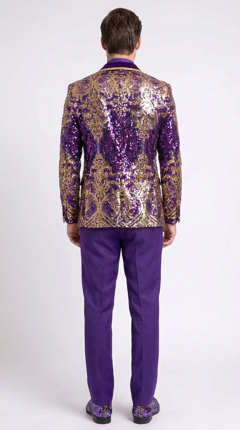 Men’s Purple and Gold Sequin Suit with Pants – Luxury Prom, Wedding and Party Blazer