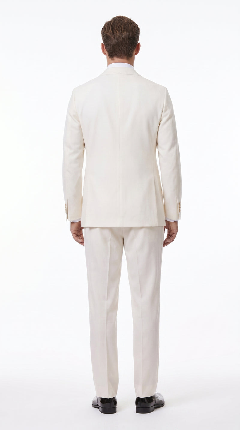 Men’s Ivory Double-Breasted Tuxedo – Gold Button Wedding, Prom and Formal Suit