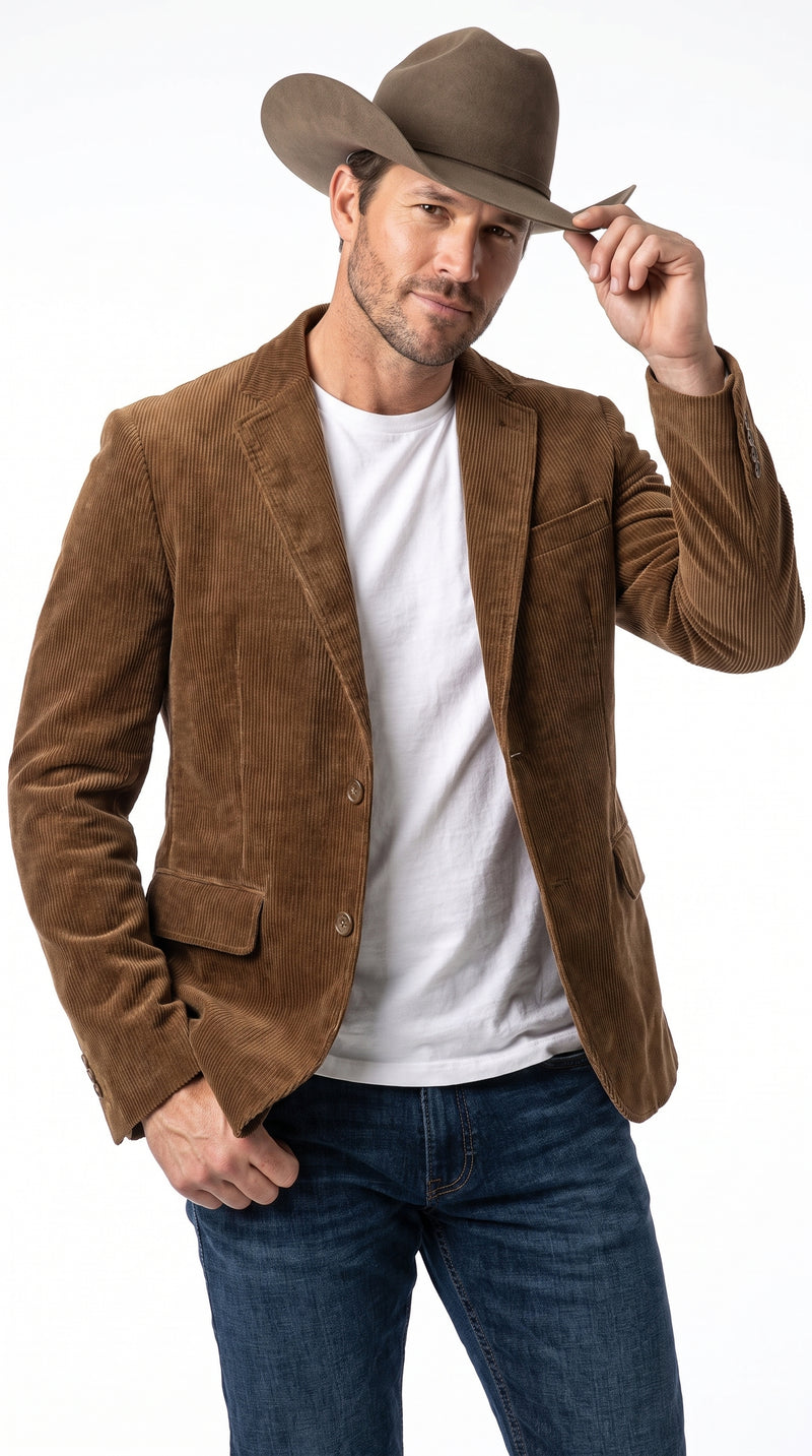 Men’s Brown Corduroy Country Blazer – Two-Button Western Sport Coat for Casual