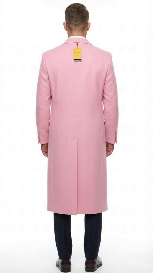 Men's slim fit pink wool blend overcoat. Tailored style with straight back, center vent, and minimal detailing. Long sleeves.
