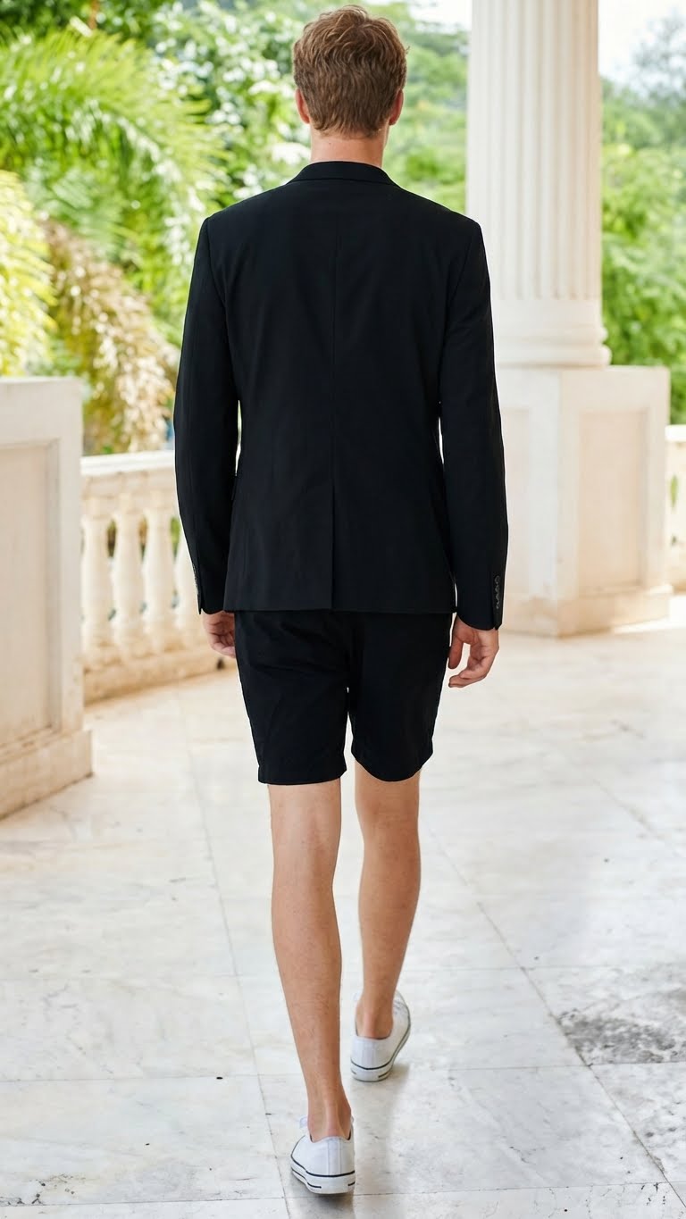 A men's black summer business suit featuring a tailored jacket and matching shorts. The jacket has a structured form, while the shorts exhibit a straight-cut design. Both are made of a lightweight fabric. The entire suit is monochromatic in black, displaying clean lines with no visible patterns.