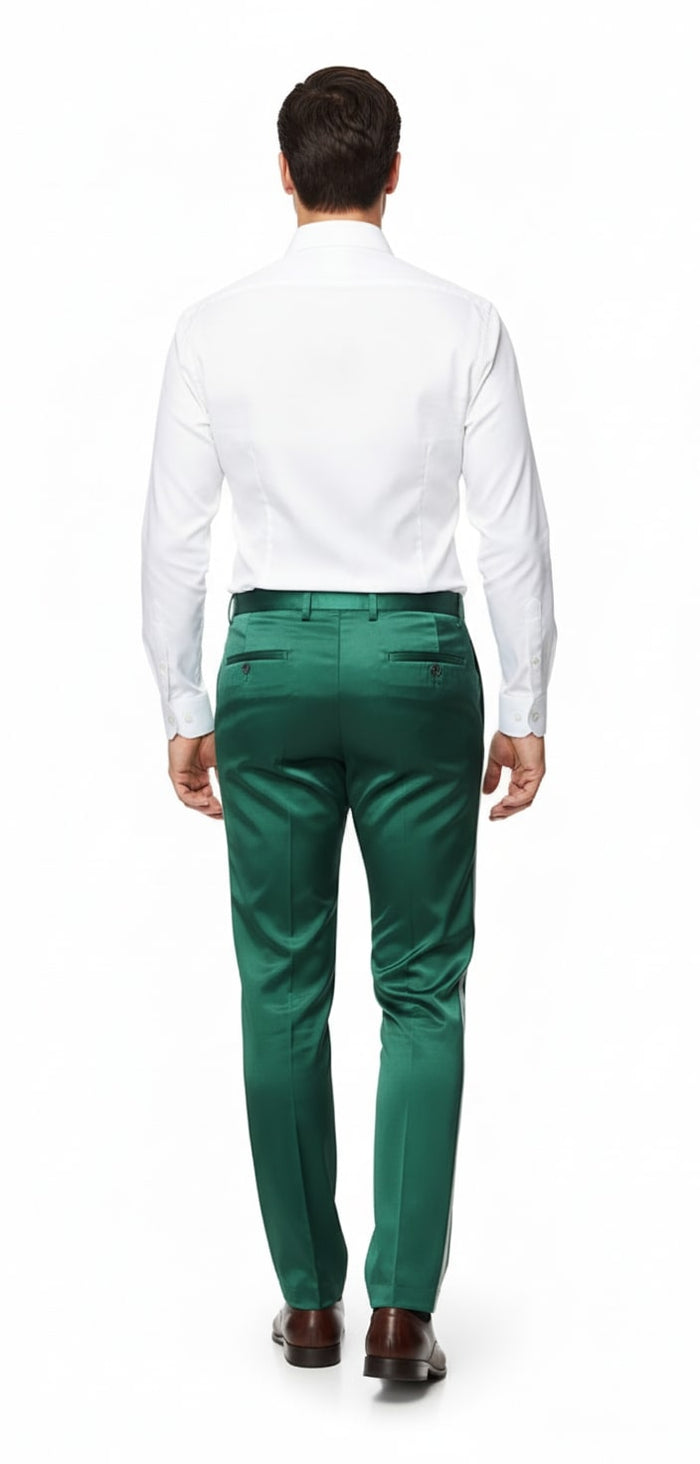 Emerald green satin slim fit dress pants. Shiny, smooth texture, and tapered leg. Two back pockets with button closures.
