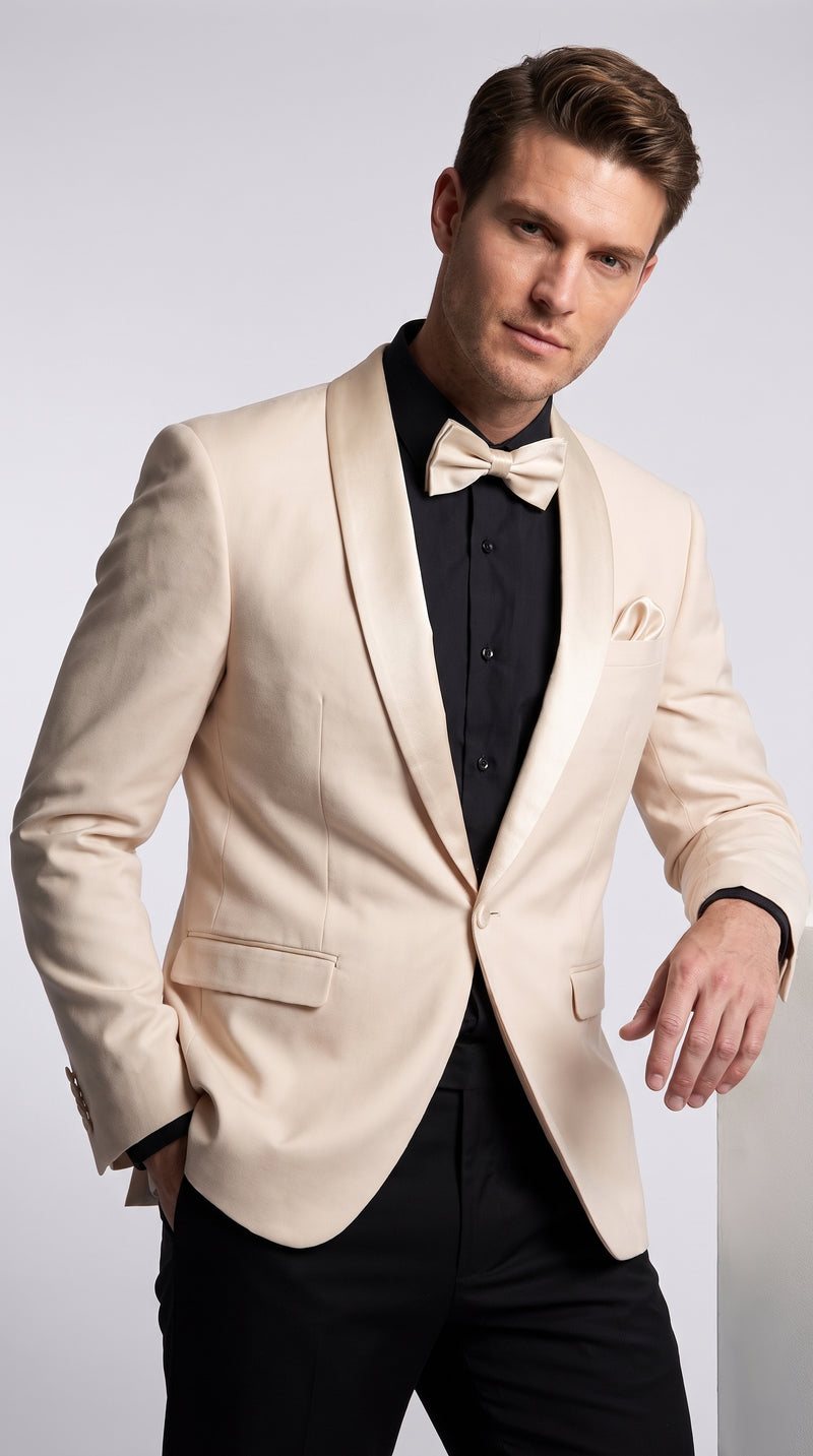 Men’s Champagne Tuxedo Dinner Jacket with Black Pants – Shawl Lapel Wedding, Prom and Formal Blazer