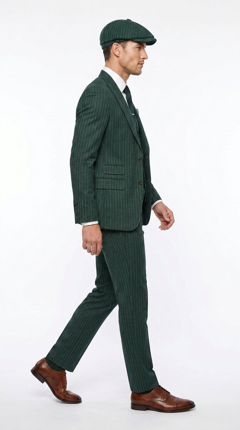 Men’s Hunter Green Pinstripe 3-Piece Suit – Vintage Wedding, Prom and Formal Suit with Matching Vest