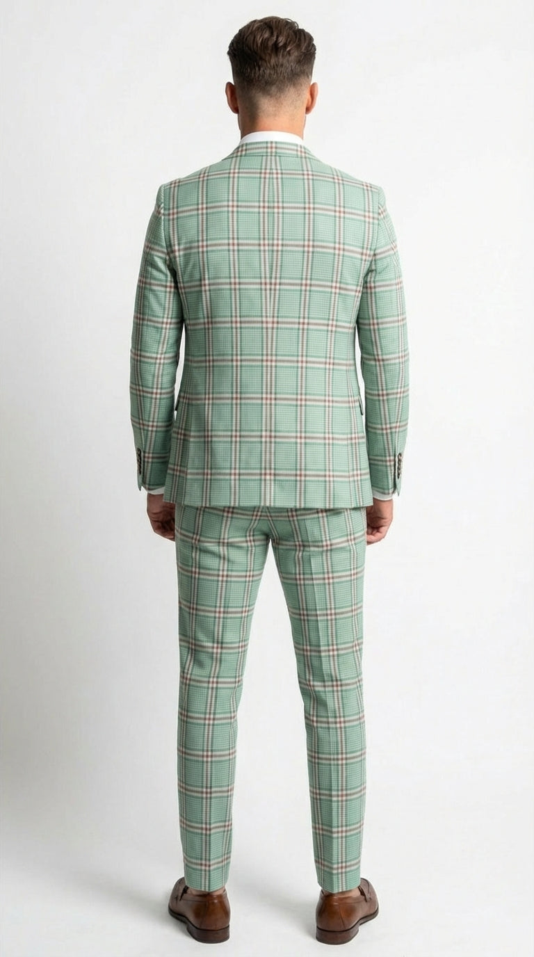 Mint Green Plaid Three Piece Suit for Men | Classic Checkered Formal Suit with Jacket Vest and Pants By Rossiman