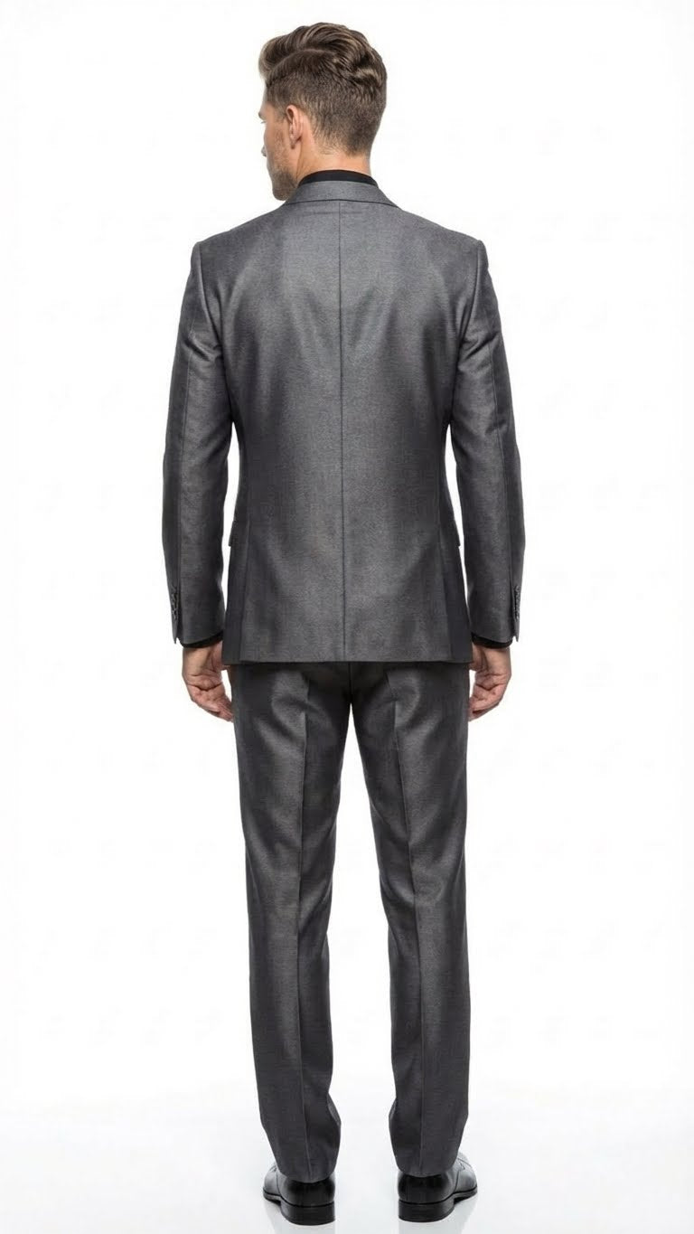 Charcoal gray men's suit with a sheen finish. Includes a tailored jacket and straight-leg trousers, creating a fitted silhouette. Jacket features a clean back.
