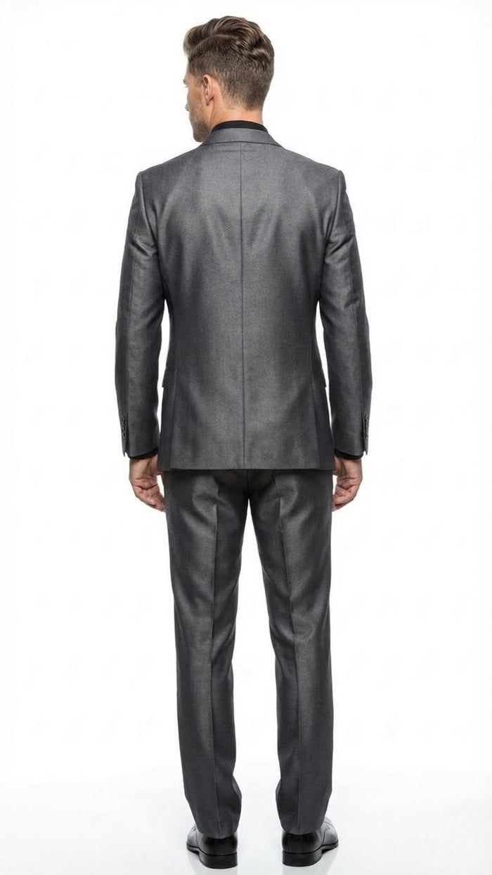 Charcoal gray men's suit with a sheen finish. Includes a tailored jacket and straight-leg trousers, creating a fitted silhouette. Jacket features a clean back.
