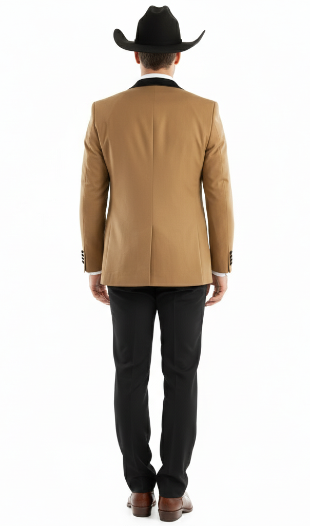 Tan western tuxedo for men: 3-piece suit with satin lapel, mocha vest, and black trousers. Structured jacket with back vent. Perfect for a formal, country look.