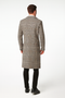 Men's gray plaid overcoat with wool blend. Classic checkered pattern, straight silhouette to mid-calf, notch collar, long sleeves. Subtle red accents woven. Tailored appearance.
