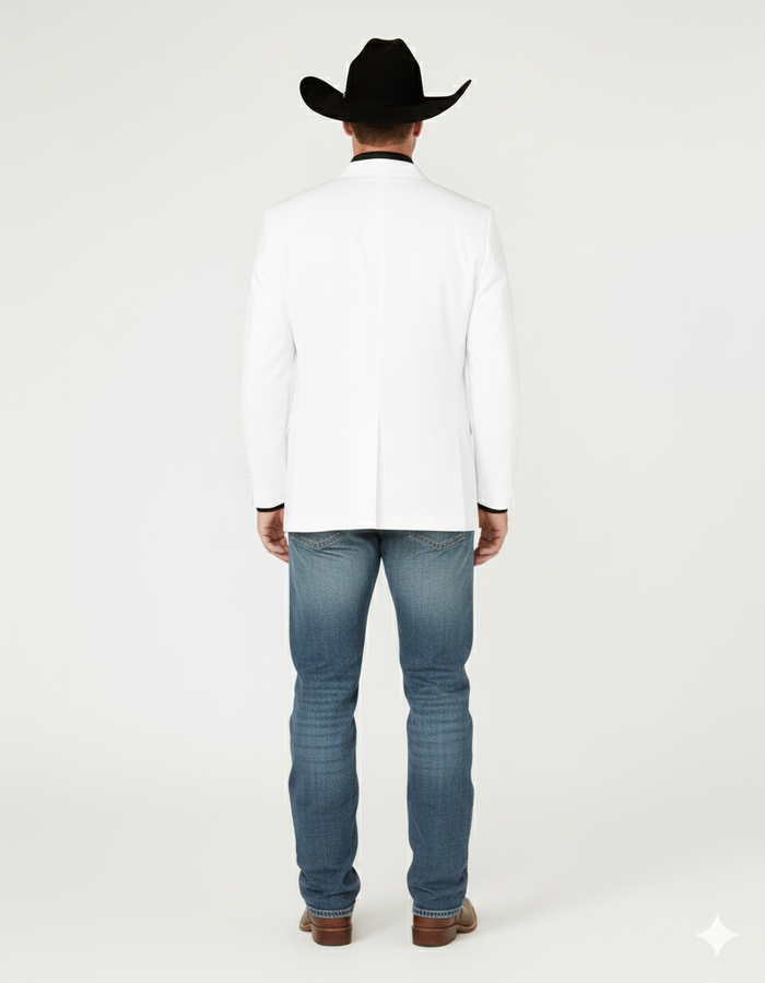 Men's white western blazer with black collar. Classic cowboy style, tailored fit, long sleeves, single-vent back. Smooth fabric (blend). Paired with blue jeans and brown boots for formal cowboy look.
