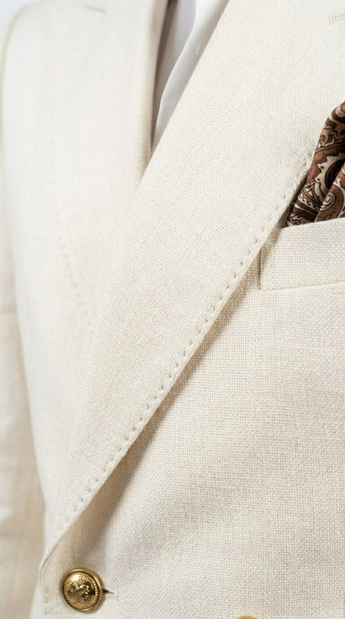 Men’s Ivory Linen Double Breasted Blazer, Lightweight Wedding Dinner Sport Coat Jacket Cream Off White