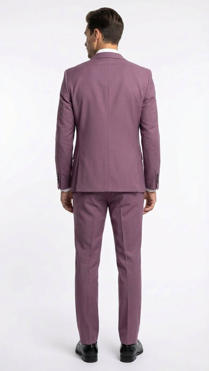 Men's mauve three-piece suit: slim-fit blazer, vest, and trousers. Classic structured blazer, sleek vest, straight-cut trousers, all in consistent mauve. Lightweight, finely textured material. Formal and well-fitted.
