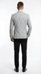 Men's light grey slim-fit blazer with a structured form, single back vent. Paired with straight-leg, solid black pants. Smooth blazer fabric with subtle texture.
