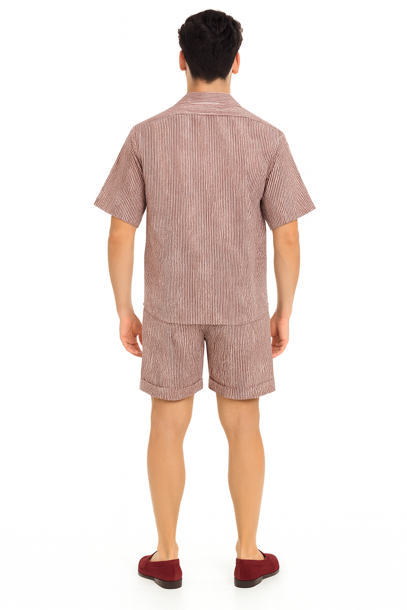 Men's burgundy seersucker short set. Reddish striped, collared short-sleeve shirt & matching shorts. Lightweight, textured fabric perfect for warm weather.
