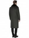 Mens Full Length Olive Overcoat with Black Fur Collar – Luxury Wool Fabric Winter Long Coat in Hunter Green