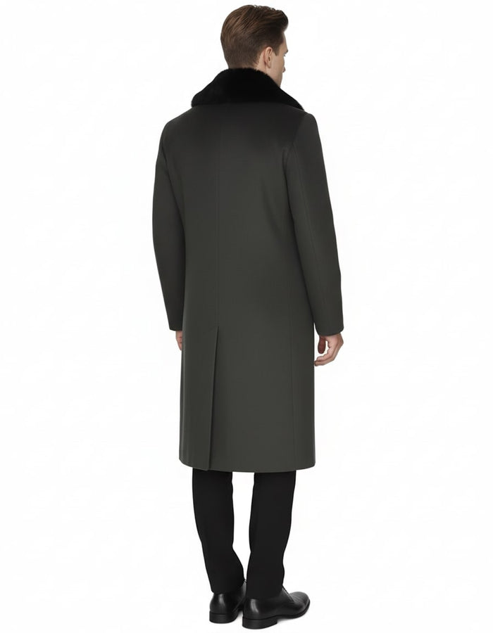 Men's olive wool overcoat with black fur collar, straight cut, and back vent. Crafted from luxury wool for style and ease of movement.
