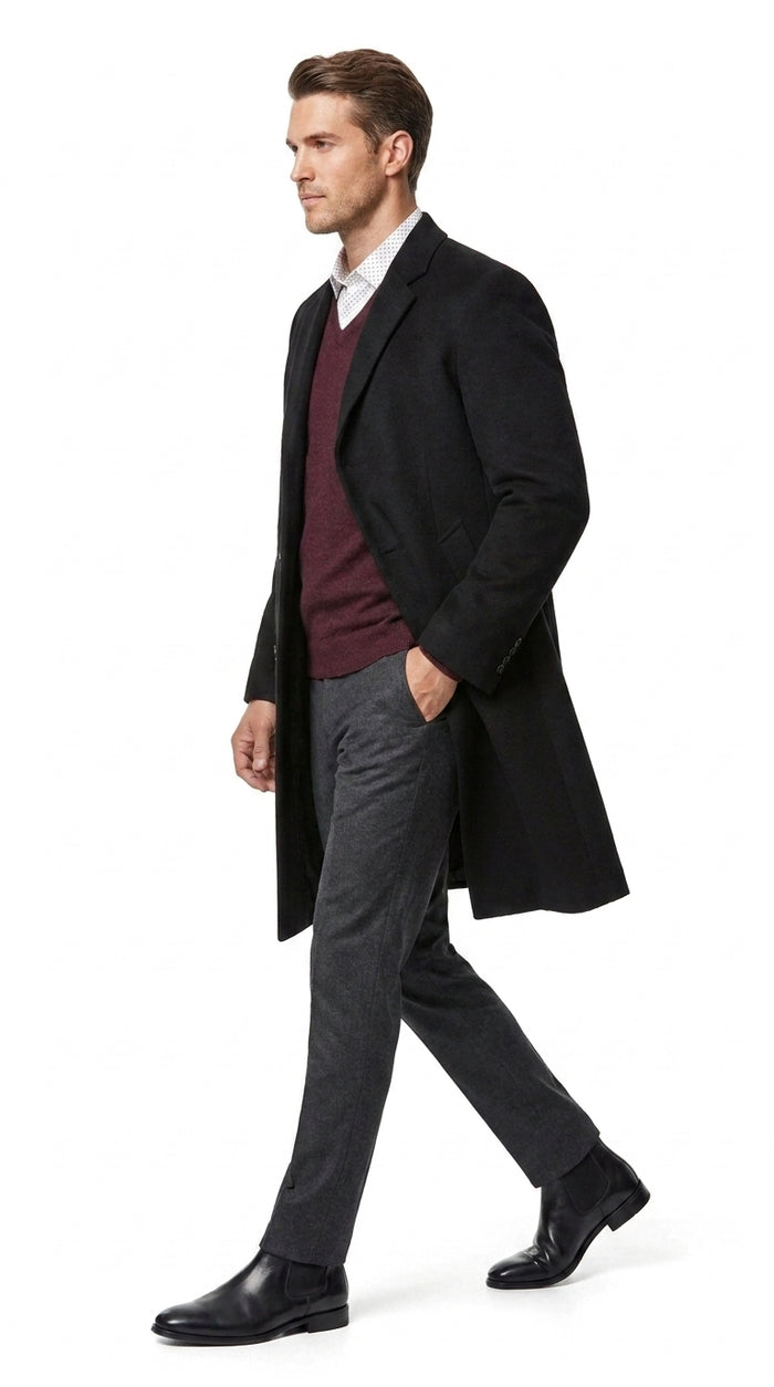 Men’s Big and Tall Black Cashmere Overcoat – Full-Length Winter Dress Coat for Business and Formal Wear