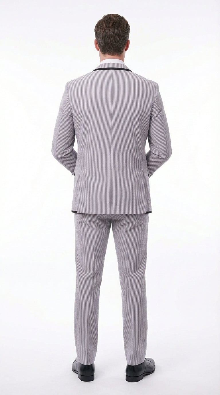 Mens Black and White Pinstripe Wedding Tuxedo Suit – Three Piece Formal Suit Set with Contrast Trim for Groom, Prom - Seersucker Summer Suit