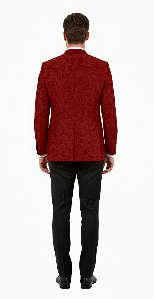 Burgundy paisley tuxedo jacket designed for big and tall men, featuring a structured cut and intricate paisley pattern. The jacket has a single back vent and is complemented by black trousers.