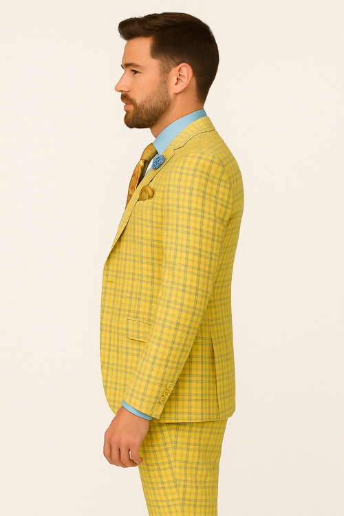 Men's Yellow Plaid Suit with Sky Blue Double-Breasted Vest and Multicolor Paisley Tie