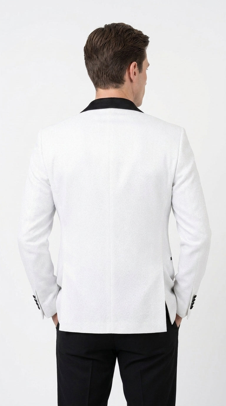 Men's White Sparkle Dinner Jacket – Black Satin Shawl Lapel Tuxedo Blazer   Slim Fit Sequin Shiny Prom Jacket