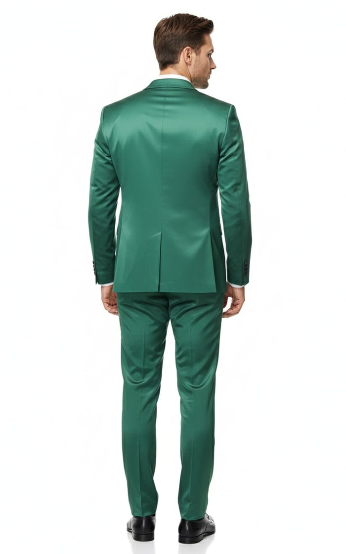 Men's emerald green shiny sateen slim-fit suit. Two-piece set includes a blazer (single vent) and pants. Smooth, shiny fabric for a modern, body-hugging silhouette.
