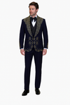 Men’s Navy Tuxedo with Gold Embroidery – Slim Fit Formal Dinner Jacket with Shawl Lapel