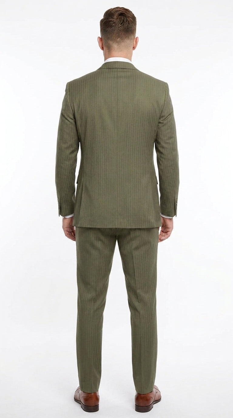 Men’s Olive Green Tone-on-Tone Shadow Pinstripe  3 Piece Suit – Modern Formal Suit with Vest Shadow Stripe