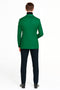 Alberto Nardoni men's green blazer. Tailored fit, high collar, structured shoulders. Smooth green fabric, plain back, contrasting cuffs. Streamlined silhouette, ideal for slim-fit trousers.
