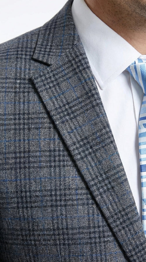 Mens Charcoal Gray with Blue Plaid Pattern Blazer Jacket – Classic Check Pattern Sport Coat for Business, Office, and Smart Casual Wear