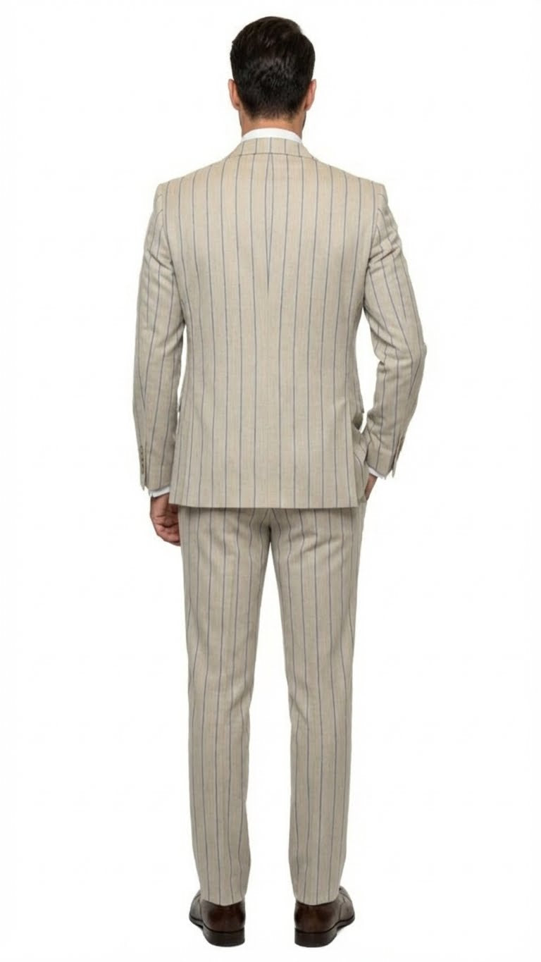 Men's beige three-piece suit by Alberto Nardoni. Features a blue pinstripe pattern, fitted blazer, matching trousers, and waistcoat. Light-colored fabric with structured tailoring.
