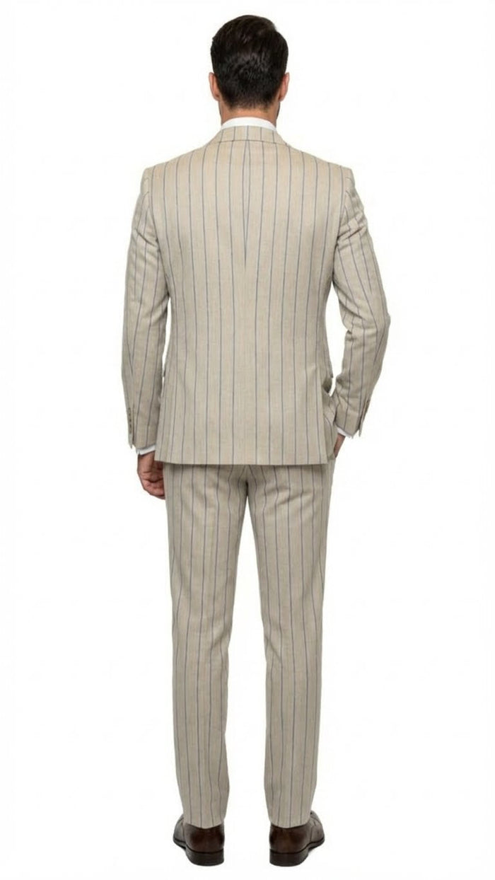 Men's beige three-piece suit by Alberto Nardoni. Features a blue pinstripe pattern, fitted blazer, matching trousers, and waistcoat. Light-colored fabric with structured tailoring.
