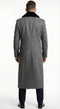 Men's Grey Herringbone Tweed Long Overcoat with Black Faux Fur Collar, Classic Winter Topcoat