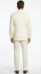 Ivory men's tuxedo suit: satin notch lapel, tailored fit, light-reflecting fabric. Clean back design. Includes matching ivory tailored pants.
