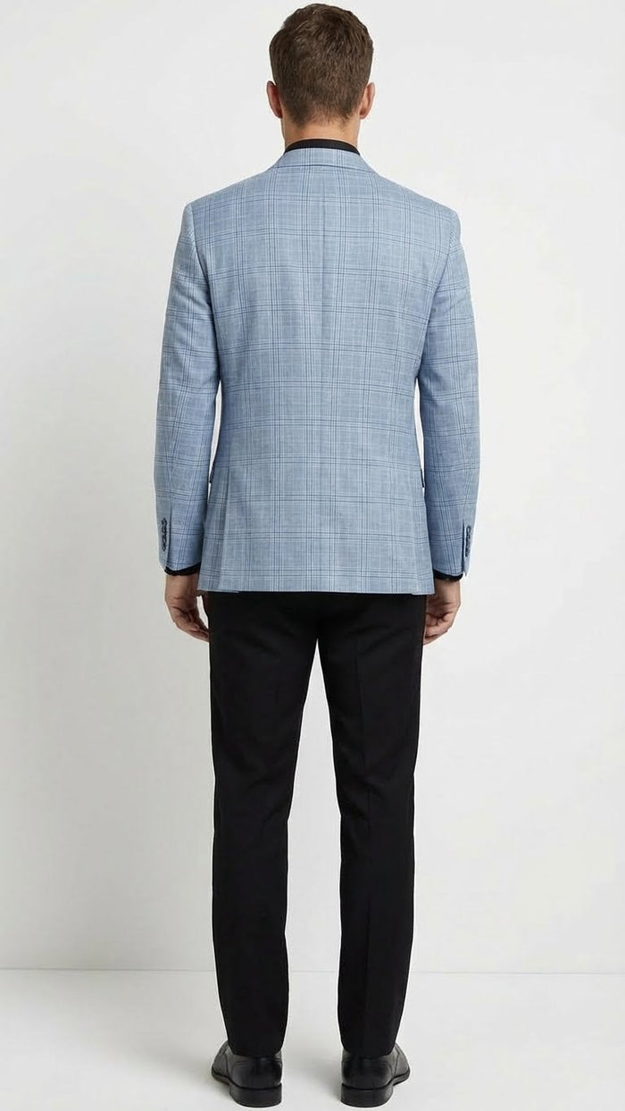 Men's big & tall light blue checkered blazer/sport coat. Structured design with two-button front, back vent, long sleeves, and cuff buttons. Subtle check pattern; tailored fabric.
