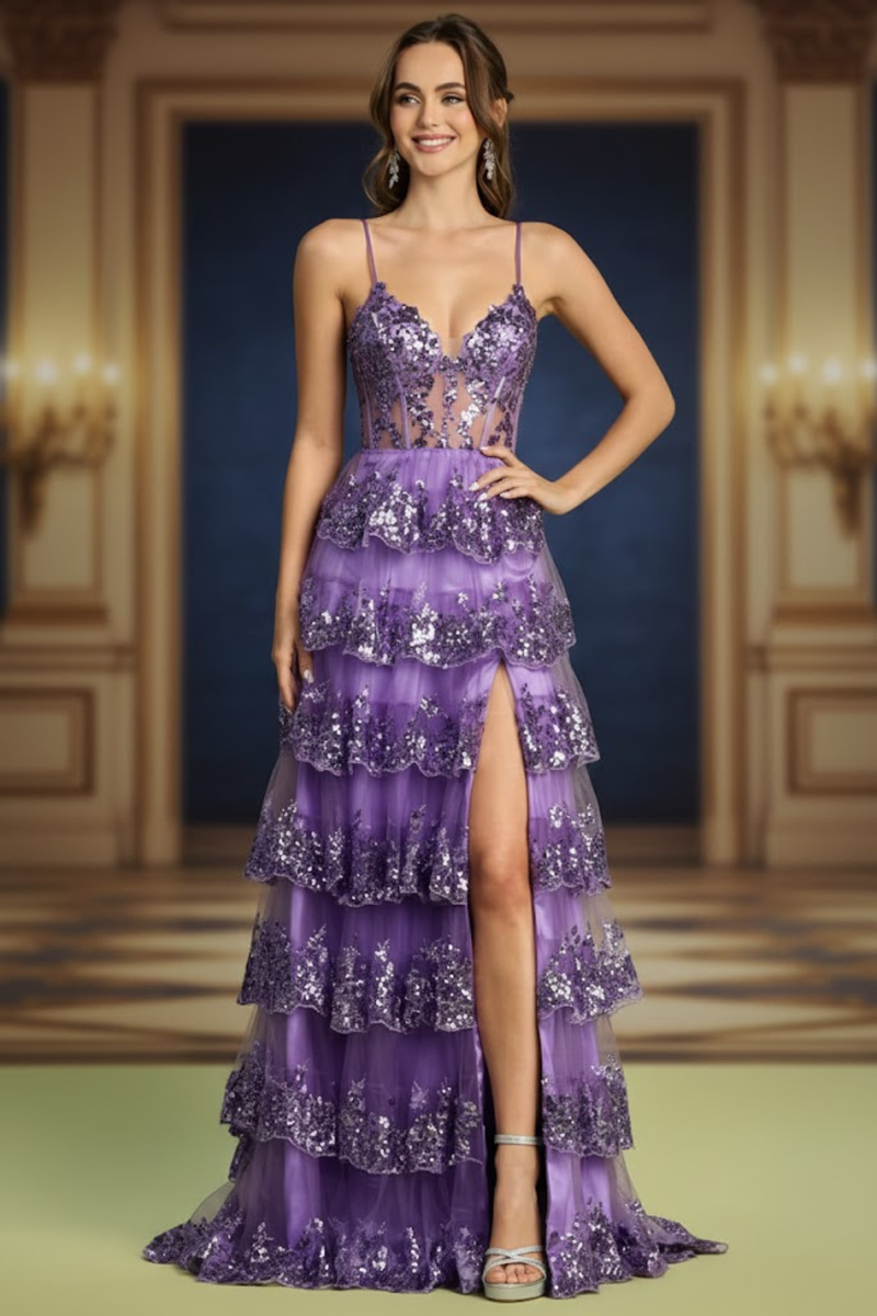 Adora Design 3218 Sequin Ruffle A-Line Slit Formal Prom Gown
