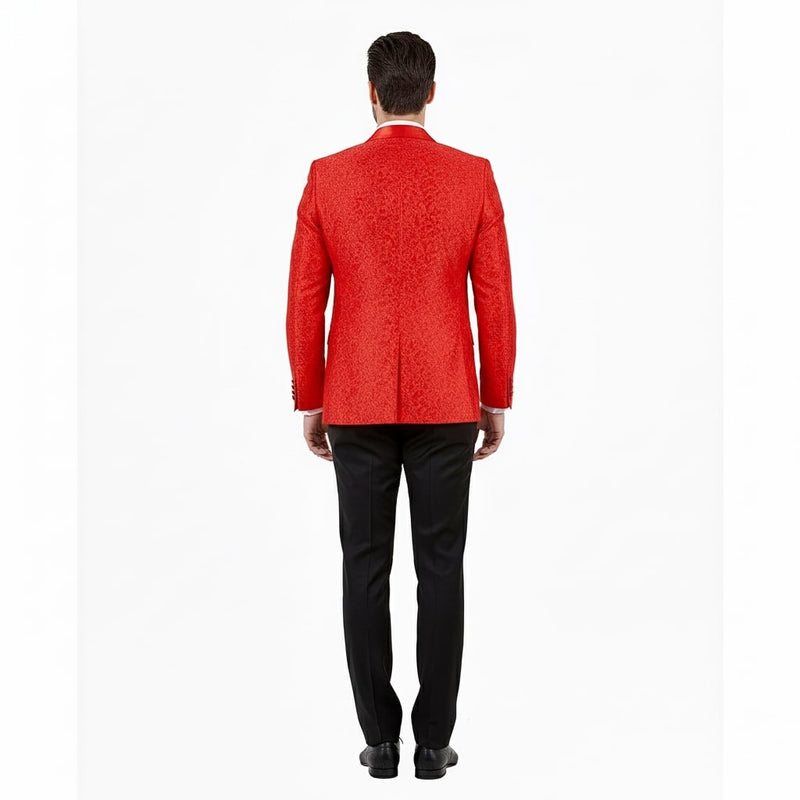 Vivid red big & tall tuxedo jacket with paisley pattern & satin finish. Shawl lapel, tailored fit. Back: clean design. Shown with black trousers & shoes.
